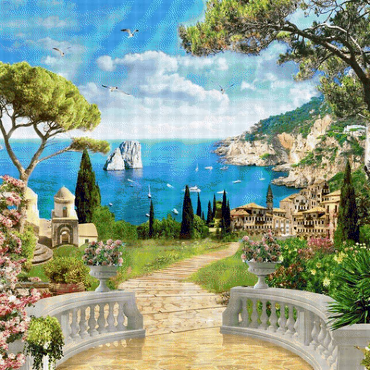 Морской пейзаж - море, пейзаж, лето, терраса, цветы, природа, чайки - предпросмотр