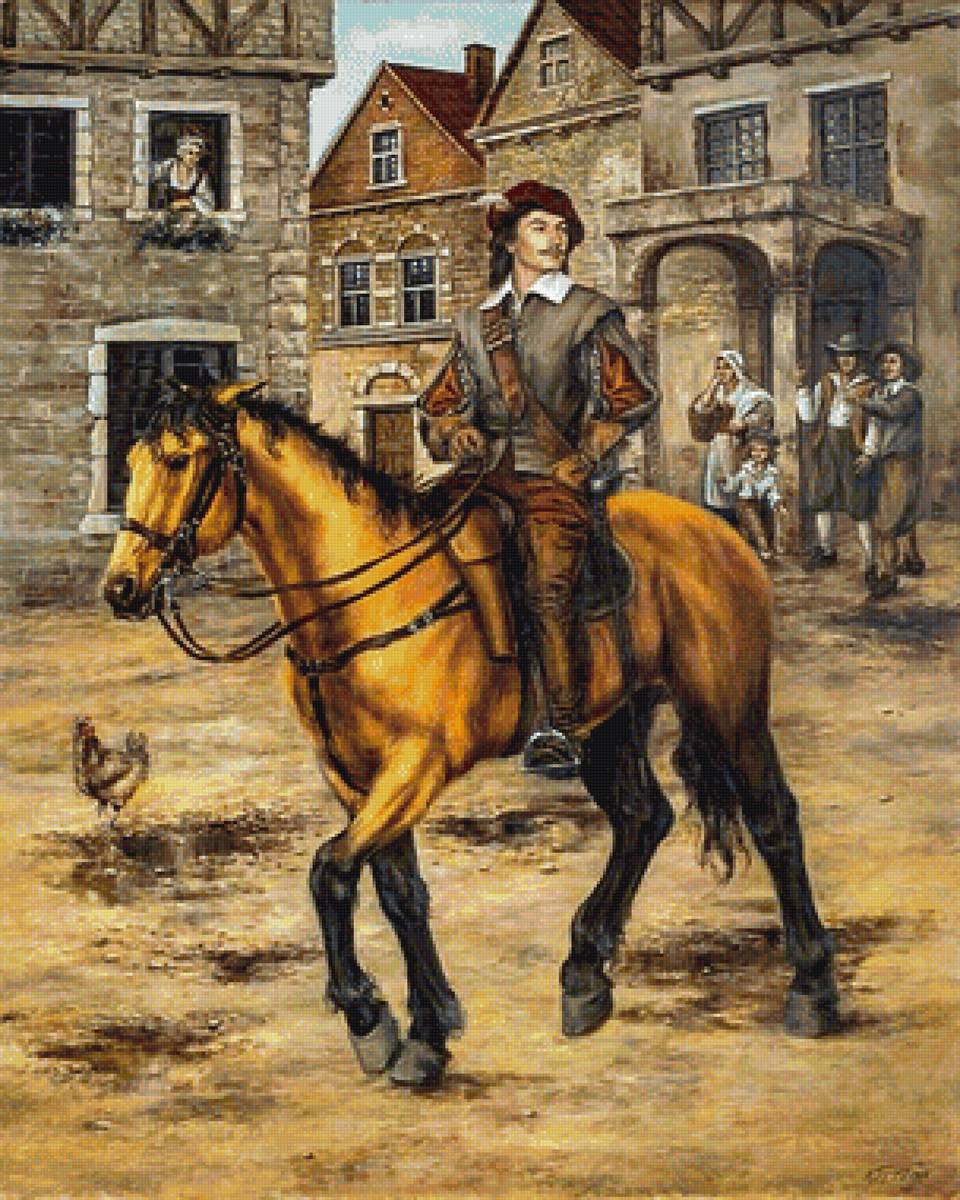 Молодой д`Артаньян - здания, всадник, город, лошадь - предпросмотр