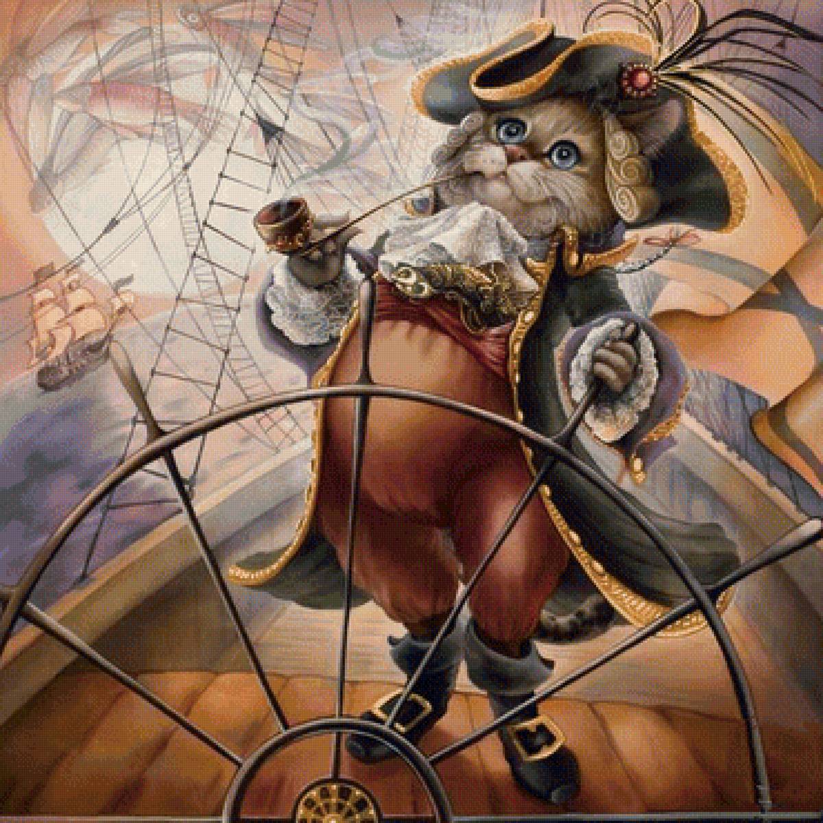 "Хозяин морей" худ. Нажежда Соколова - море, фентези, кот, корабль, штурвал - предпросмотр