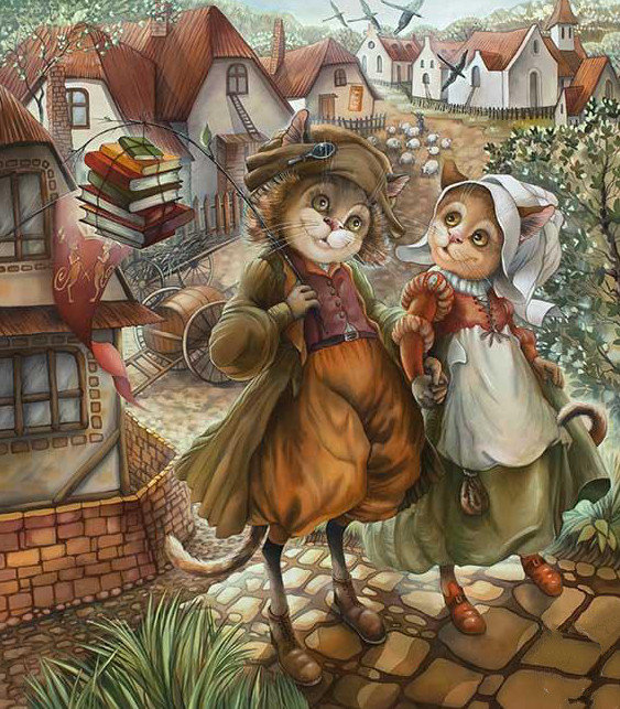 "Ты и я" худ. Надежда Соколова - деревня, домики, фентези, коты - оригинал