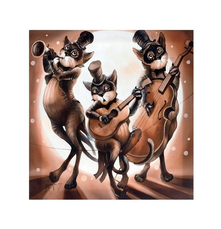 Трио "Бродяги" худ Надежда Соколова /размер 290 х 300/ - фентези, музыканты, гитара, коты - оригинал