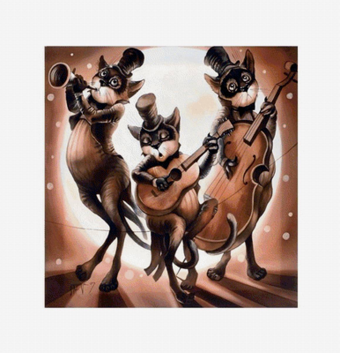 Трио "Бродяги" худ Надежда Соколова /размер 290 х 300/ - гитара, музыканты, коты, фентези - предпросмотр