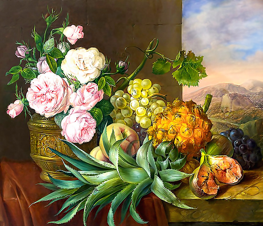 Серия "Натюрморты". - ананас, виноград, букет, фрукты, натюрморт, цветы - оригинал