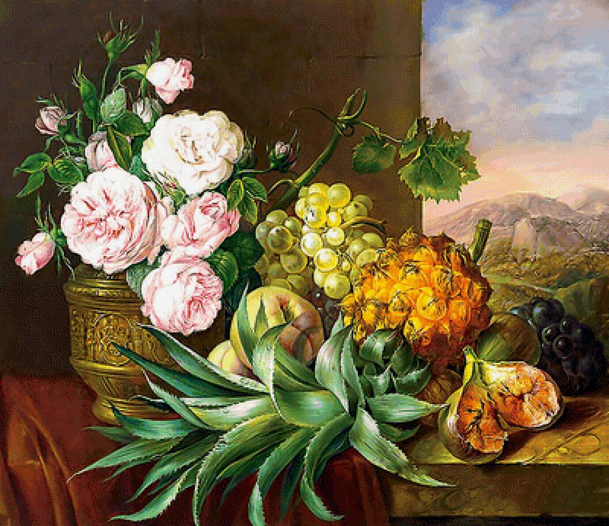 Серия "Натюрморты". - натюрморт, цветы, виноград, букет, фрукты, ананас - предпросмотр