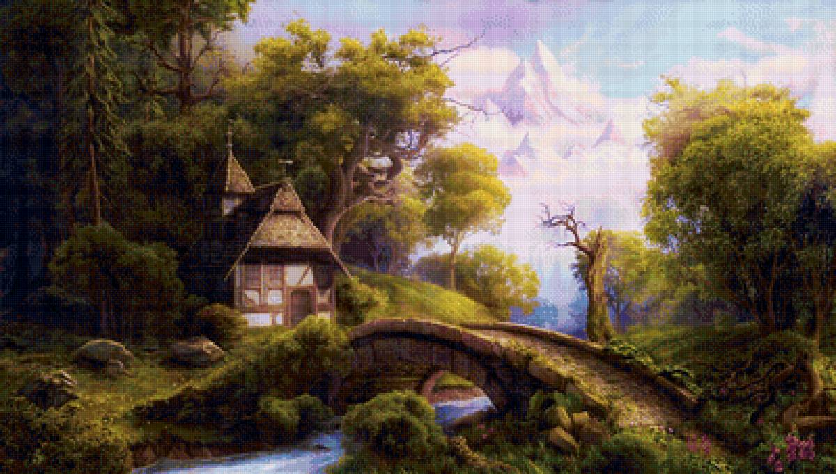 Домик в лесу - ручей, пейзаж, природа, лес, горы, дом, домик, мост - предпросмотр