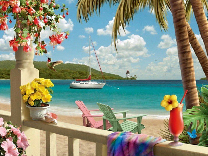Морской пейзаж - природа, море, цветы, яхта, пейзаж, коктейль, колибри, лето - оригинал