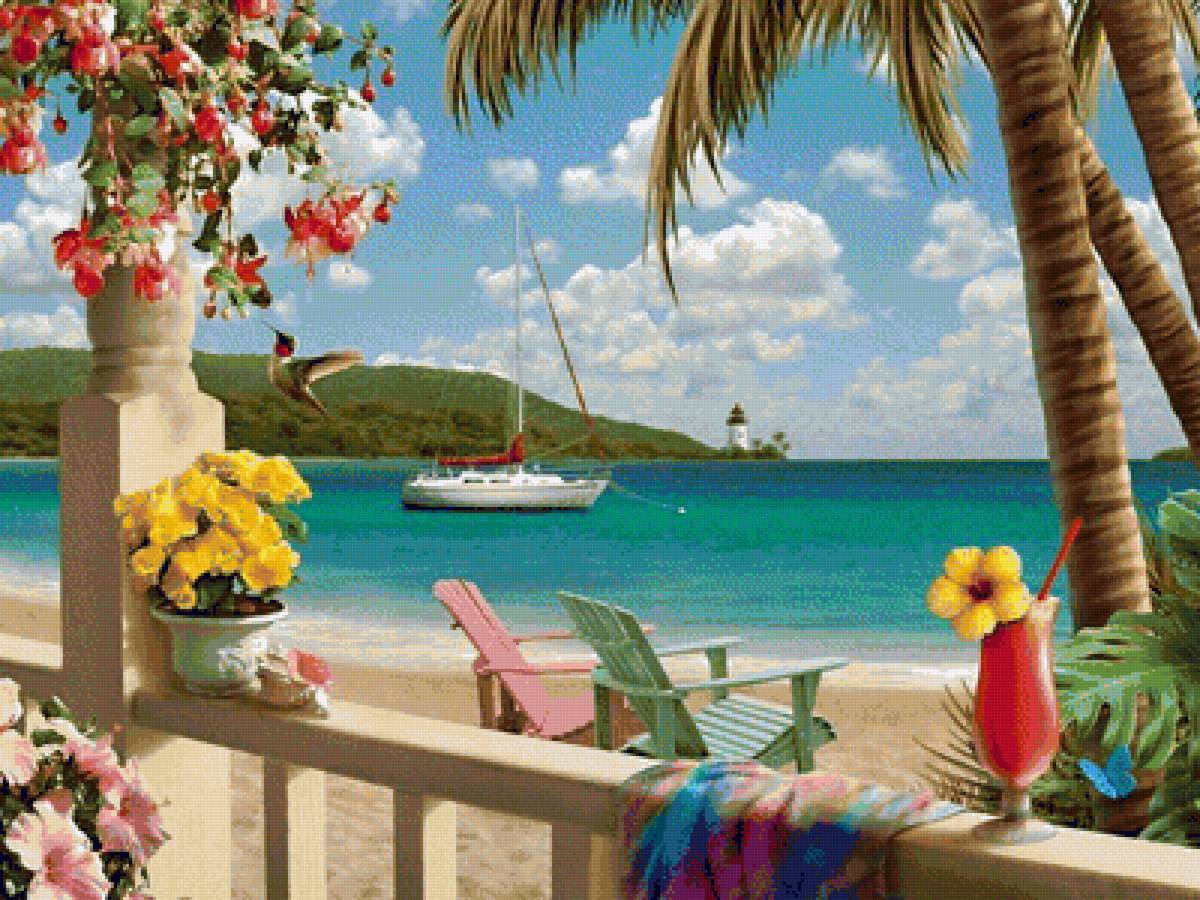 Морской пейзаж - море, яхта, коктейль, цветы, природа, колибри, пейзаж, лето - предпросмотр