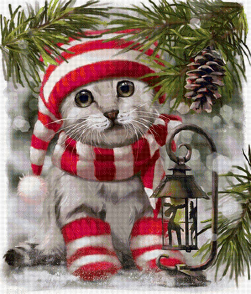 Котик - рисунок, снег, шишка, зима, кот, животные, котик - предпросмотр