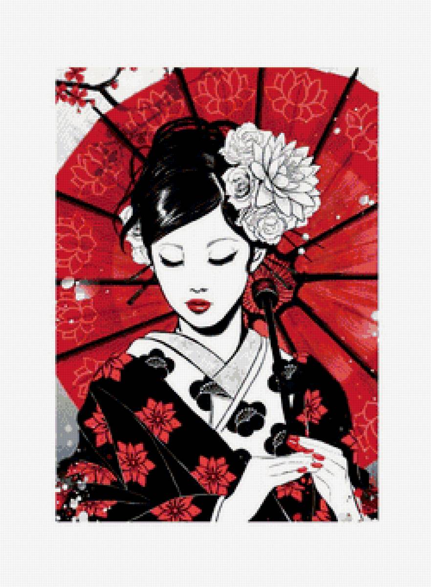 Японка /размер изображения 190 х 265 крест/ - зонтик, японка, девушка - предпросмотр