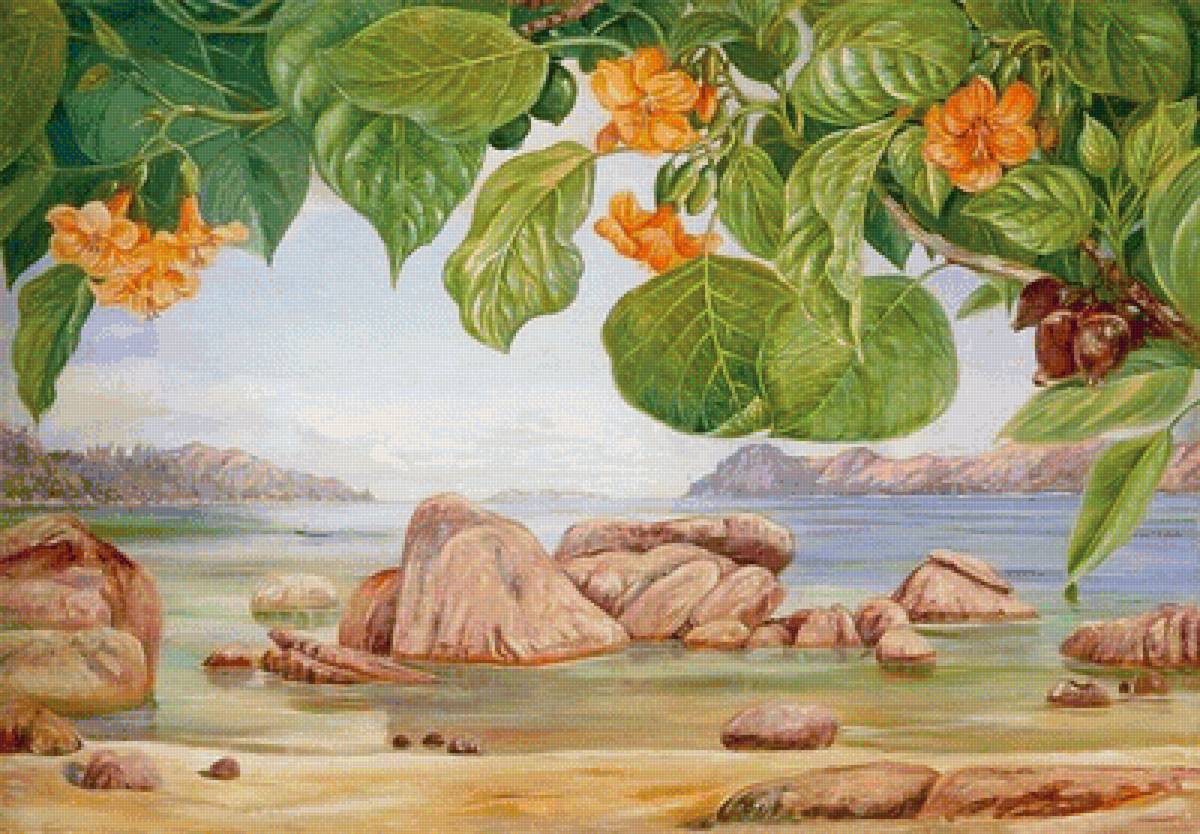 Далёкий берег - цветущая ветка, берег, море - предпросмотр