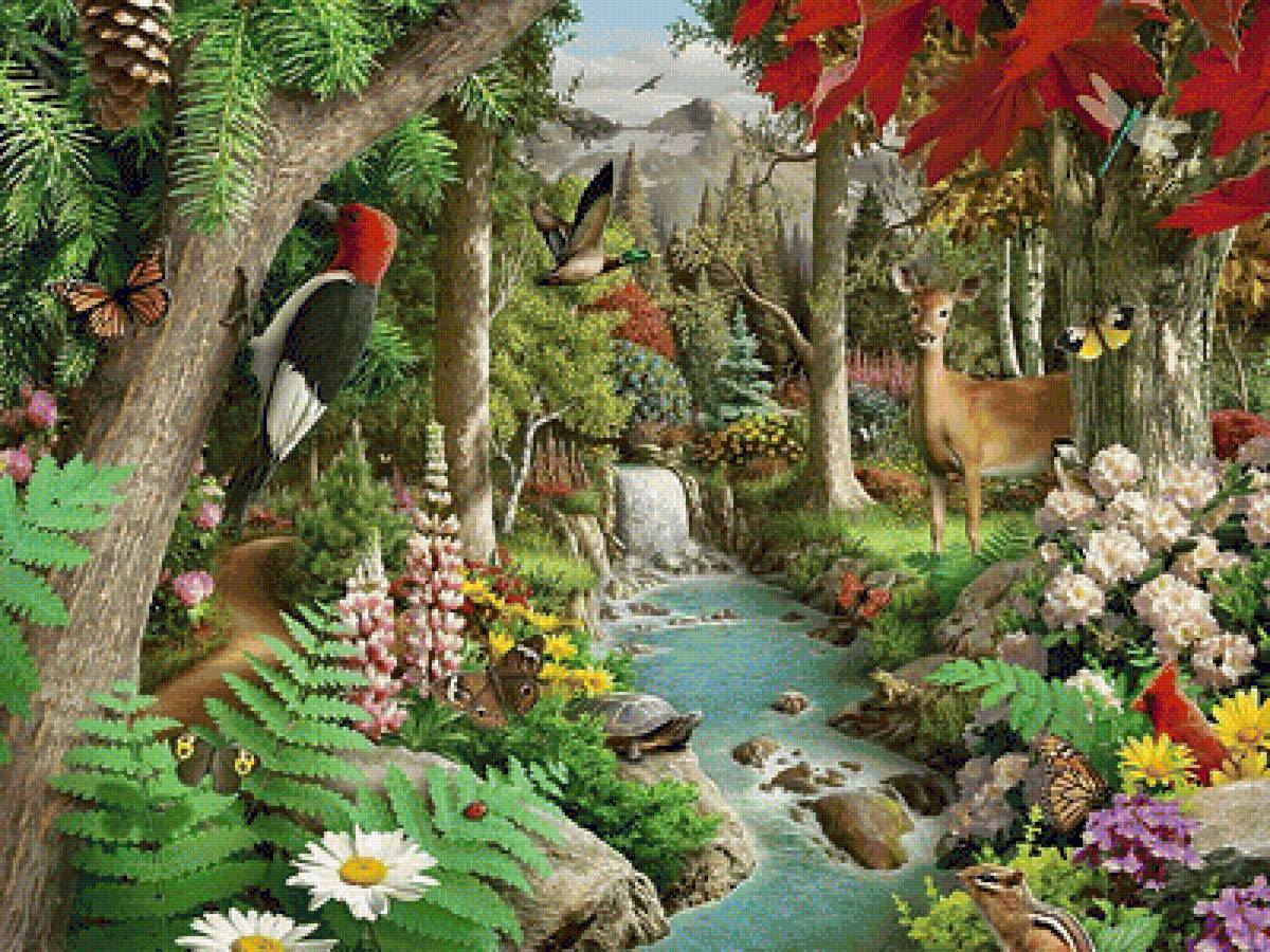 В лесу - цветы, птицы, природа, лес, олень, животные, лето, ручей, пейзаж - предпросмотр