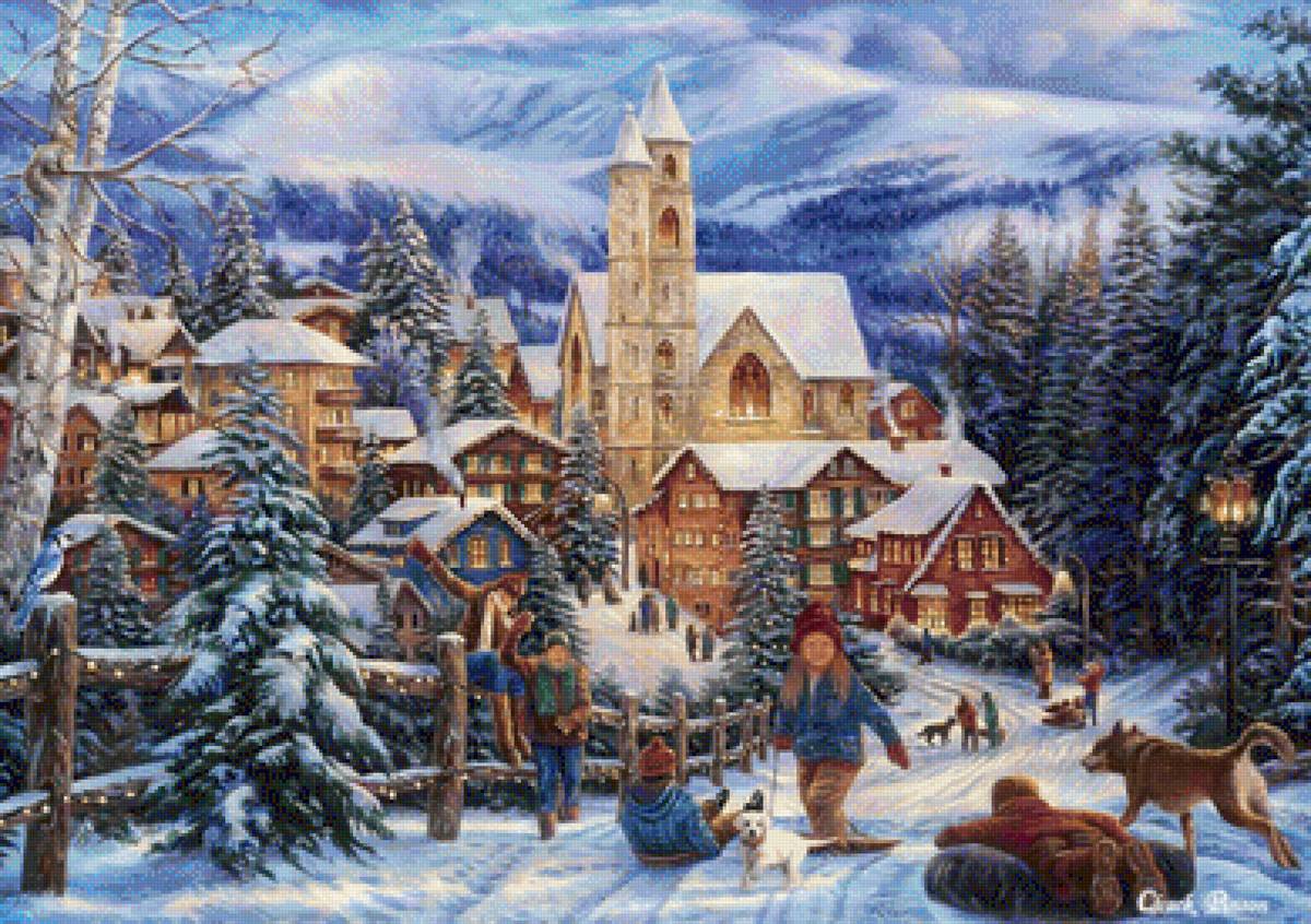 Sledding to Town. - chuck pinson painter.snowscenes.animals.people. - предпросмотр