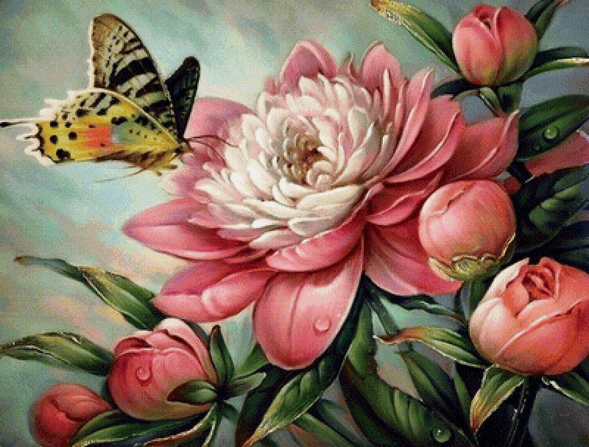 Букет - бабочка, букет, пионы, цветы - предпросмотр