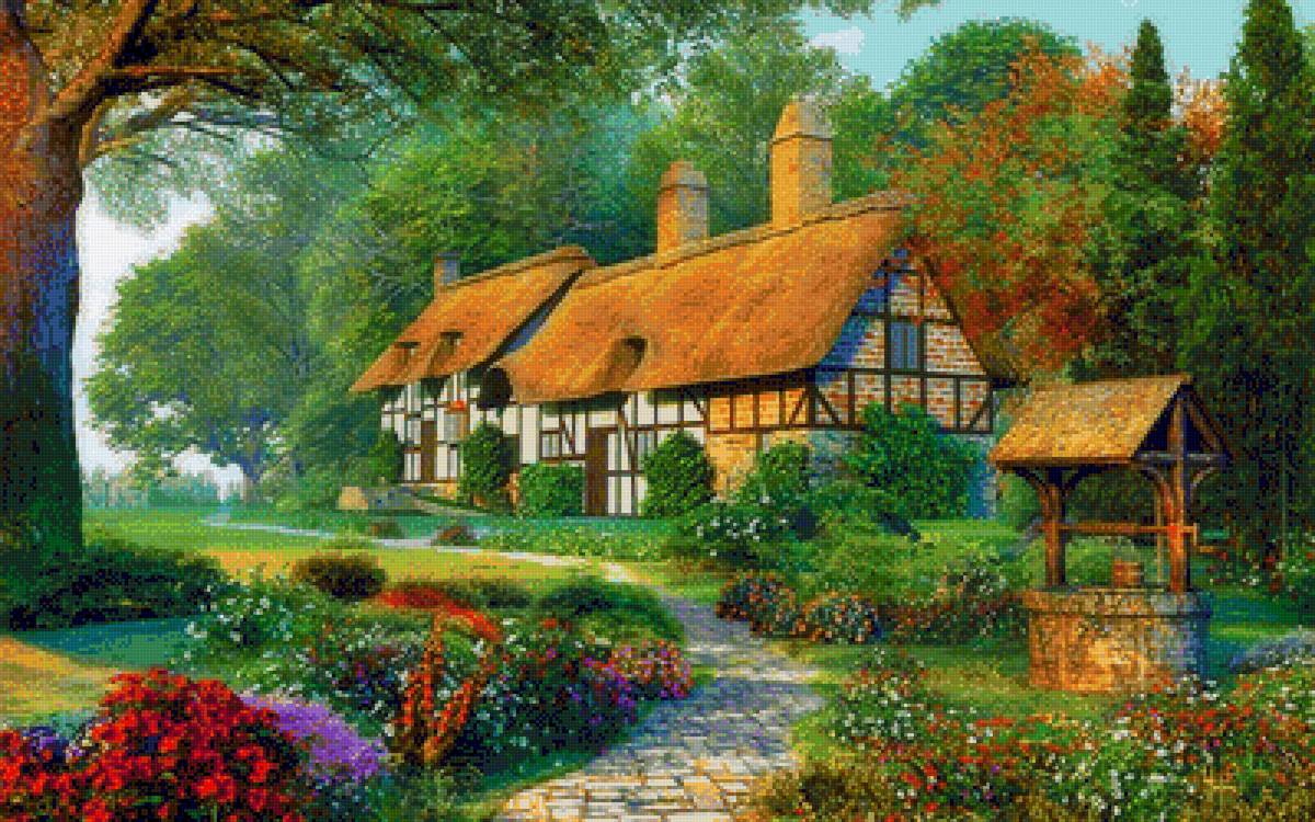 Домик - лето, колодец, цветы, дом, природа, домик, пейзаж - предпросмотр