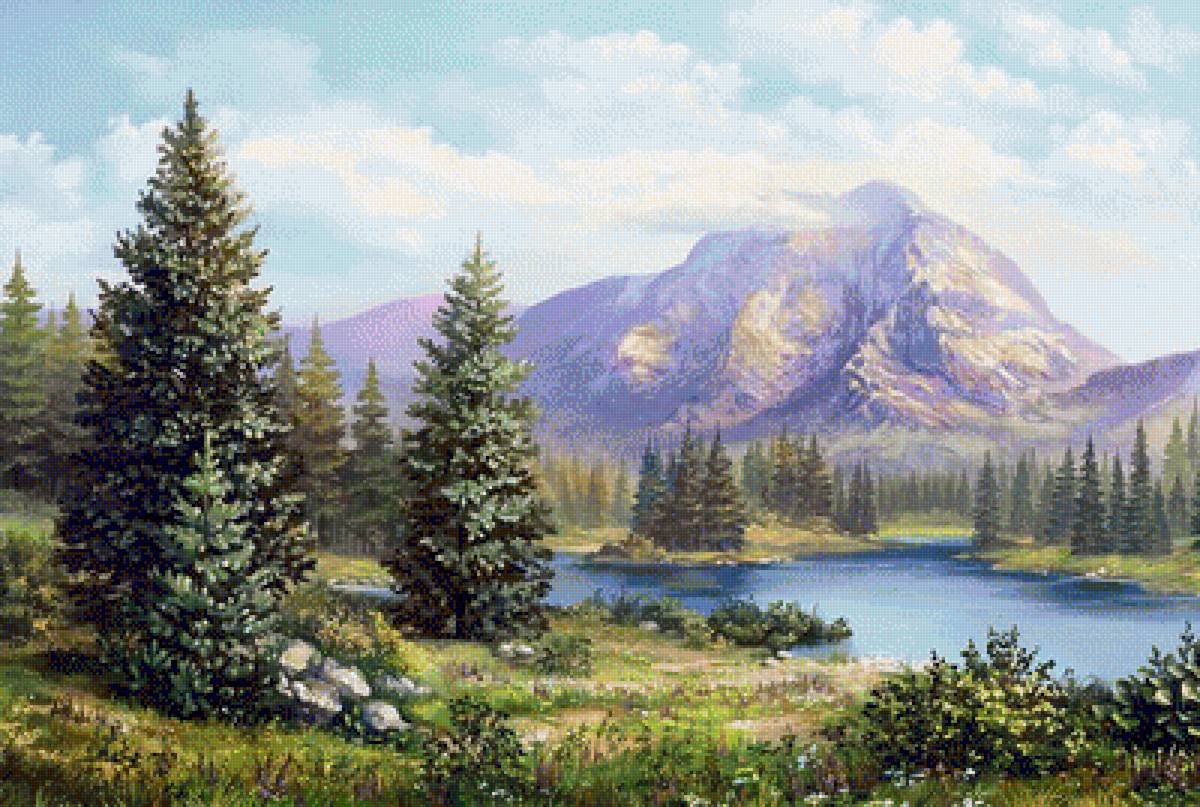 Пейзаж - озеро, елки, природа, лес, пейзаж, лето, горы - предпросмотр