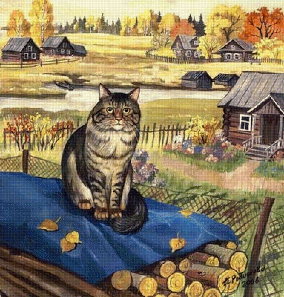 Мир животных - уют, деревня, кот, природа, арт - предпросмотр