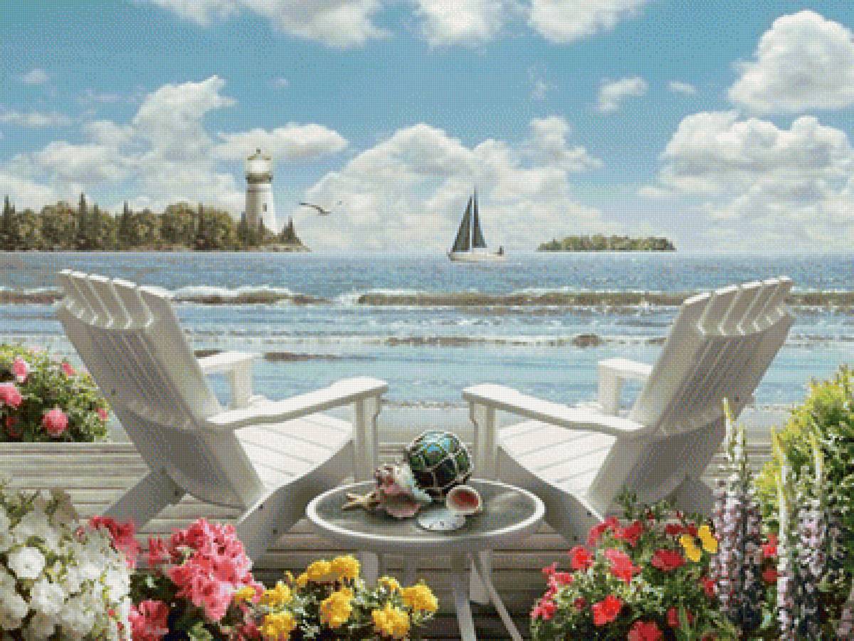 Морской пейзаж - море, маяк, пейзаж, пляж, ракушки, цветы, лето, природа - предпросмотр