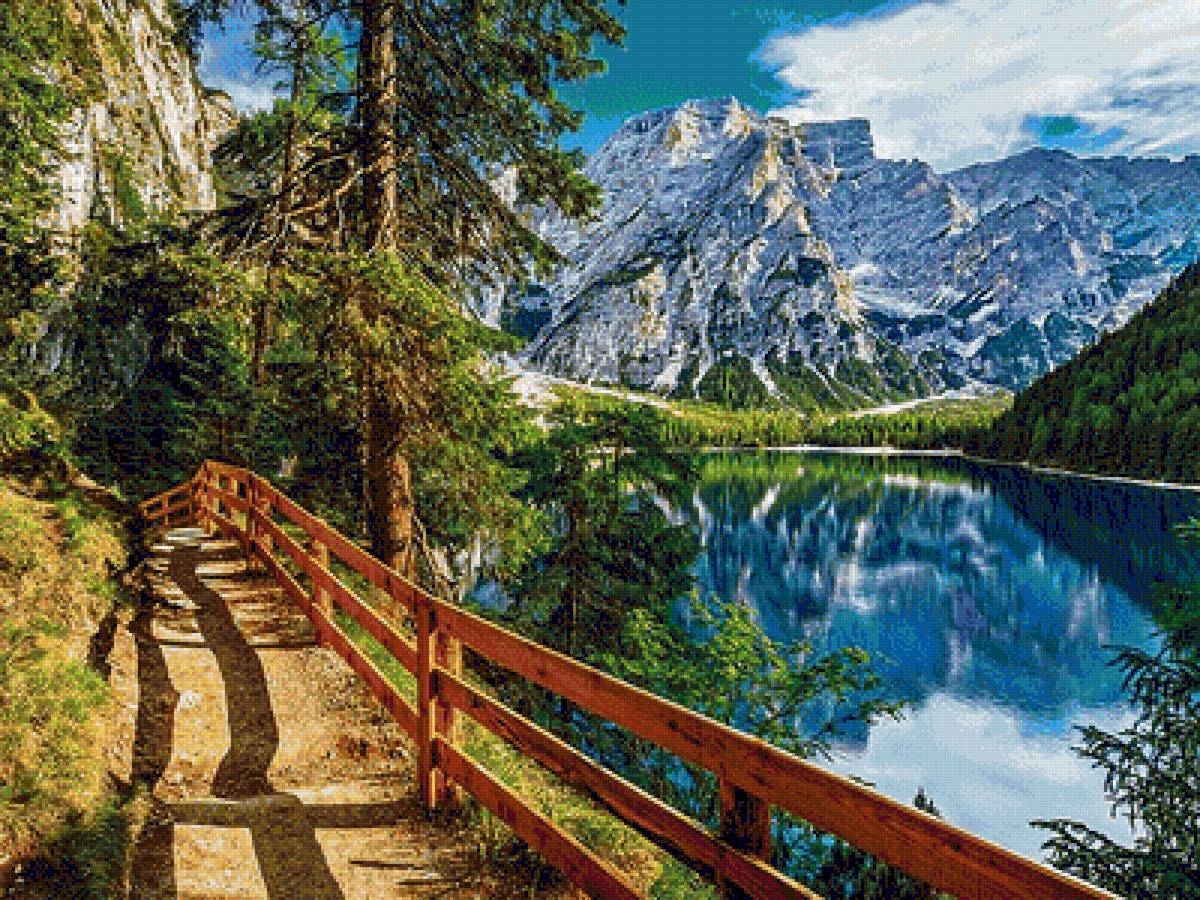 Пейзаж - горы, лес, природа, лето, пейзаж, озеро, тропинка - предпросмотр