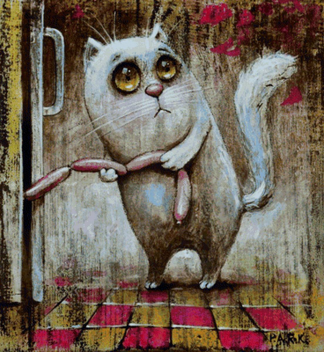 кот и сосиски - рисунок, еда, кот - предпросмотр