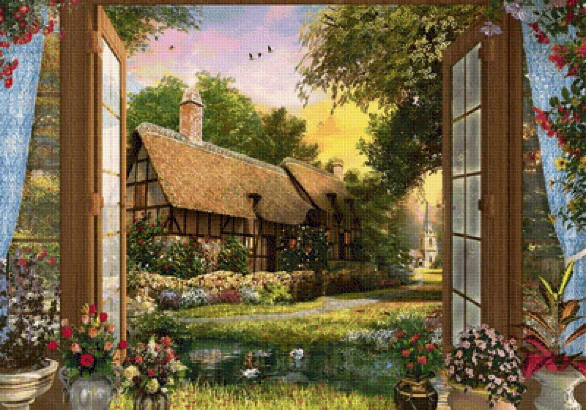Пейзаж - цветы, природа, пейзаж, окно, лето, пруд, дом, домик - предпросмотр