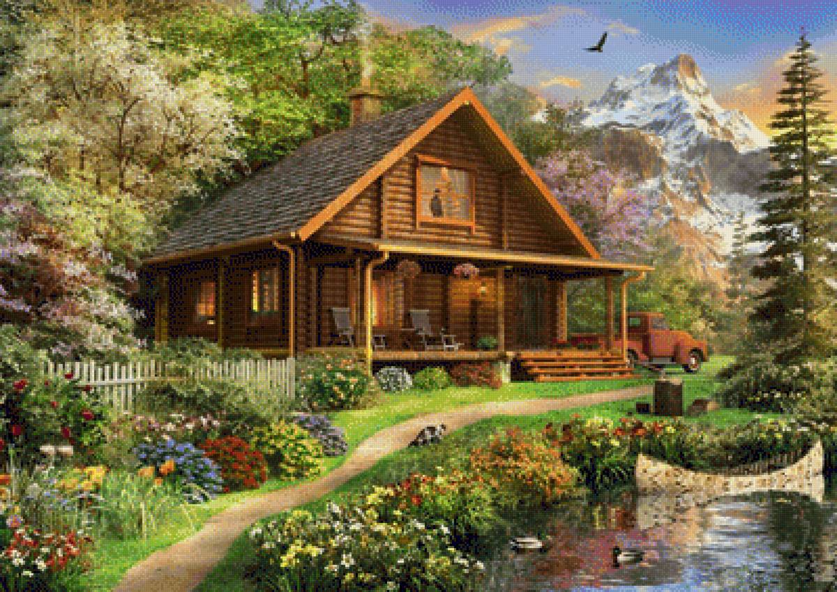 A Log Cabin Somewhere in North America - landscapes.flowers and gardens.birds. - предпросмотр