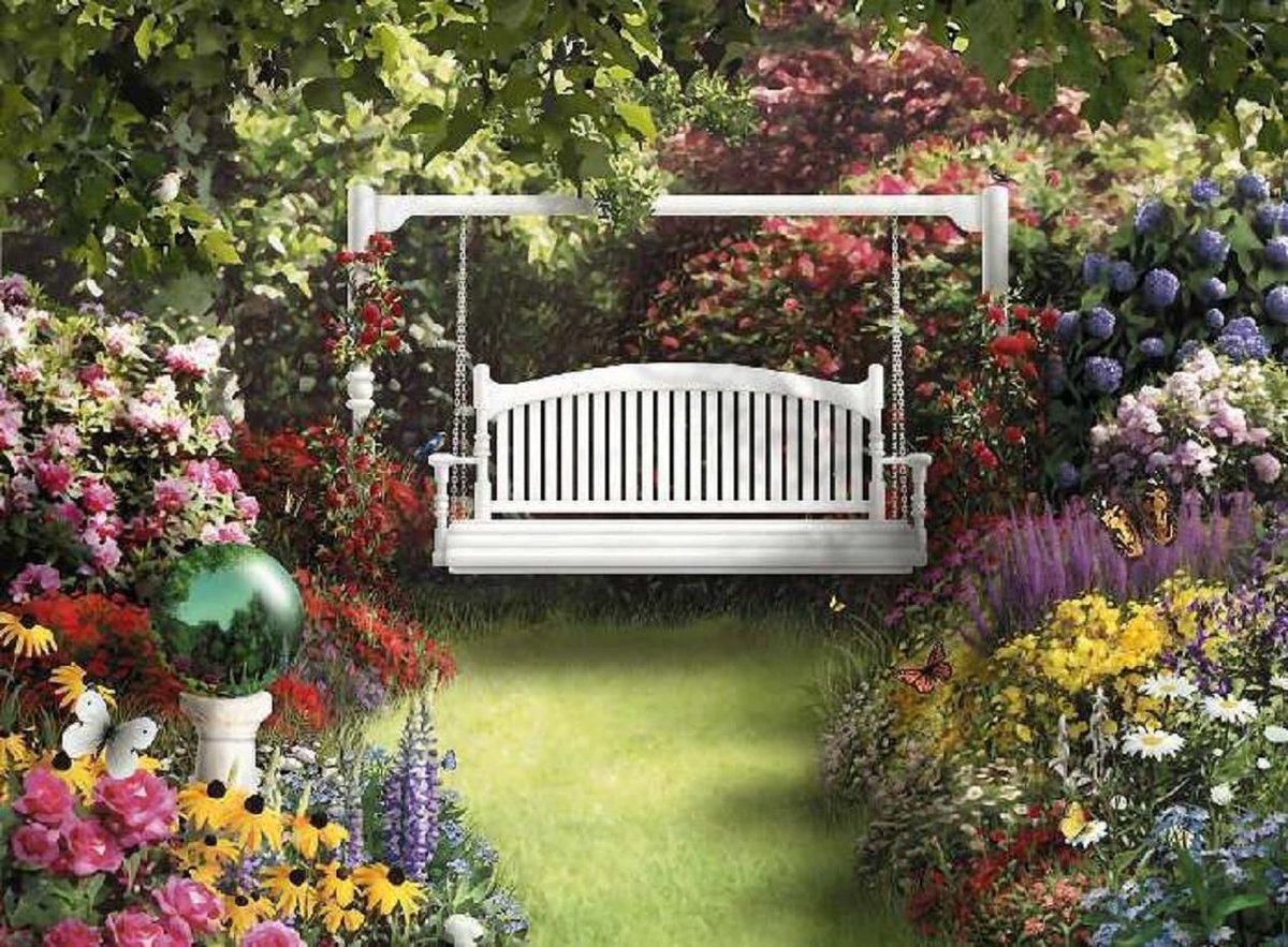 В саду - лето, сад, природа, пейзаж, цветы, качели - оригинал