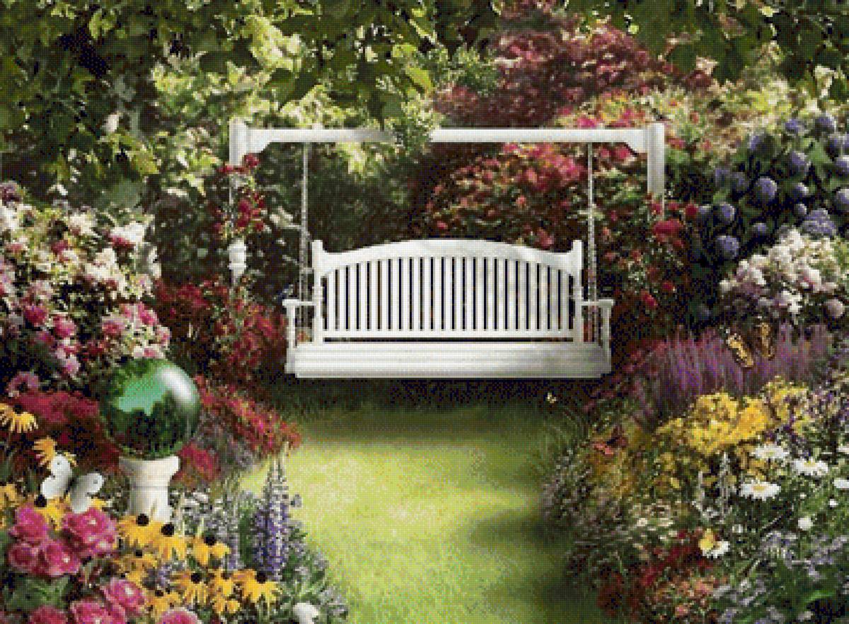 В саду - лето, пейзаж, цветы, природа, сад, качели - предпросмотр