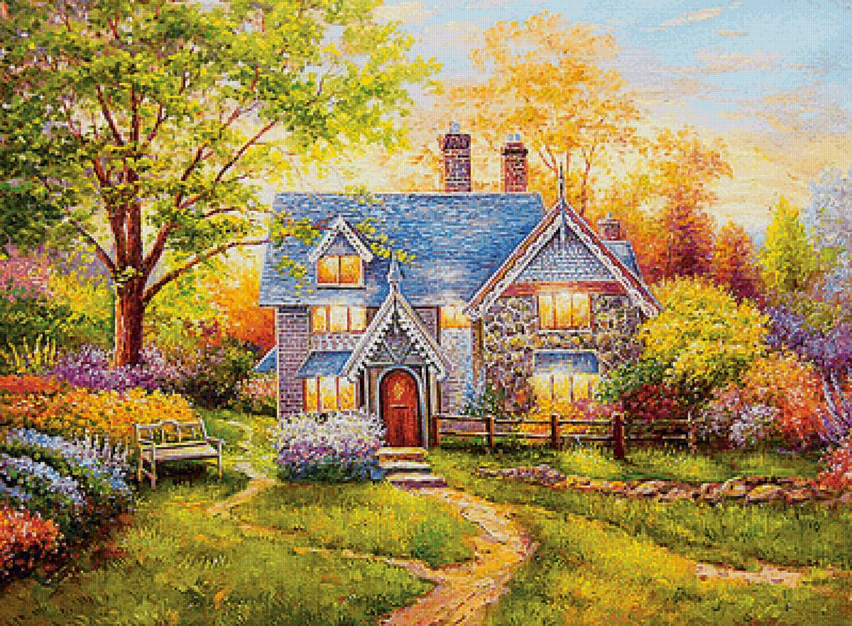 Осенний пейзаж - осень, дом, цветы - предпросмотр