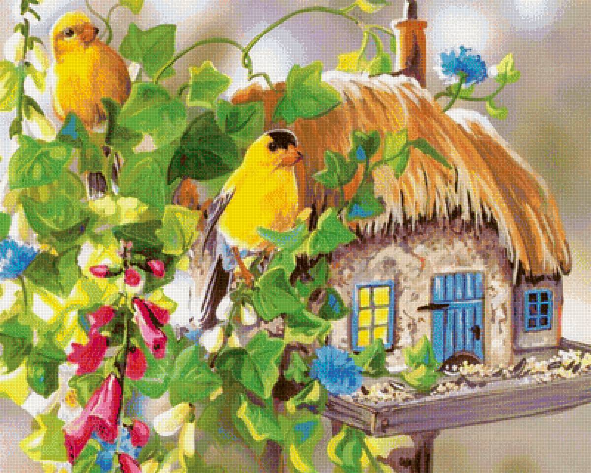 Птички - природа, птицы, рисунок, цветы, птички - предпросмотр