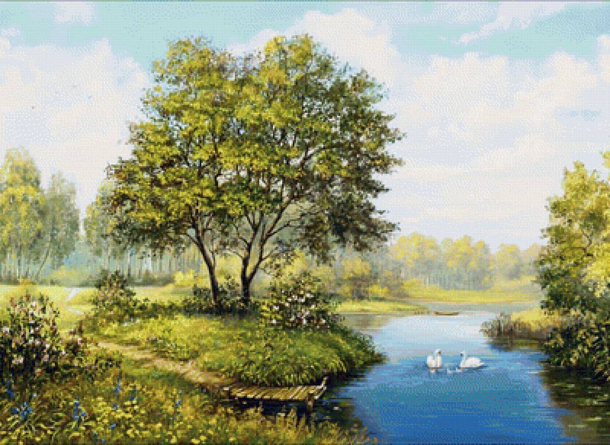 Пейзаж - пейзаж, лето, природа, лебеди, река - предпросмотр