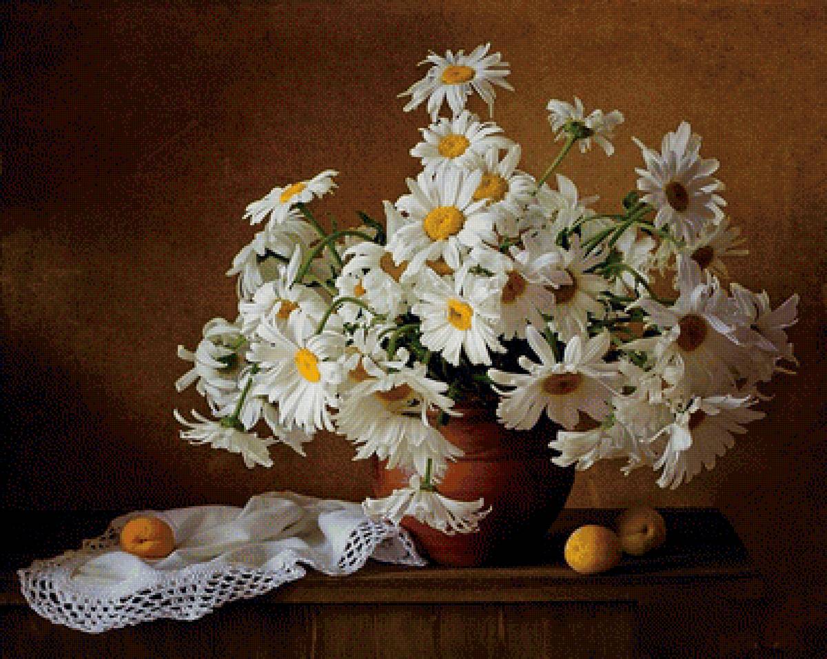 Натюрморт - букет, цветы, абрикосы, фрукты, ромашки, натюрморт - предпросмотр
