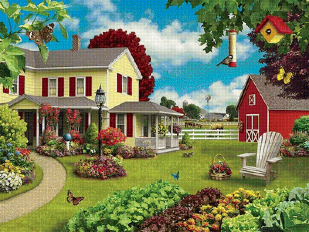 Пейзаж - цветы, лошади, бабочки, домик, лето, птицы, дом, пейзаж - предпросмотр