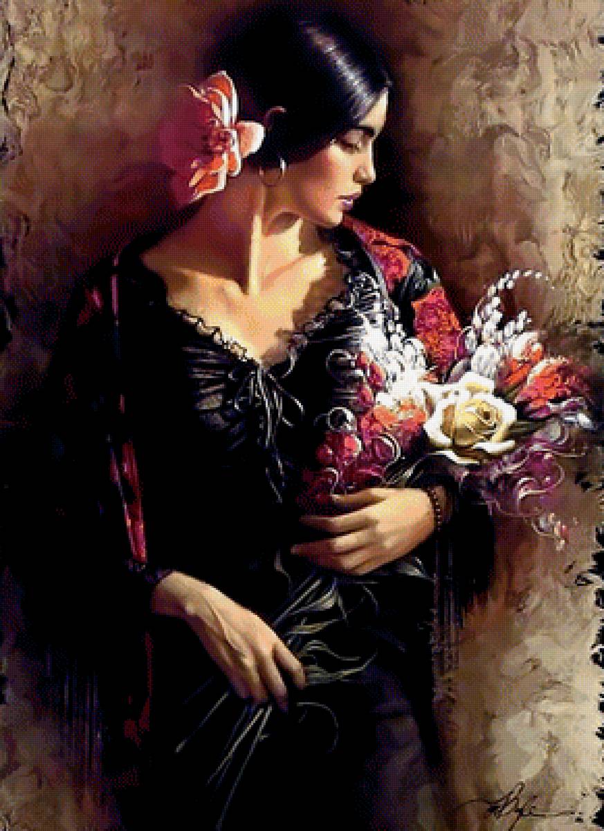 Испанка с букетом - женщина испанка букет - предпросмотр