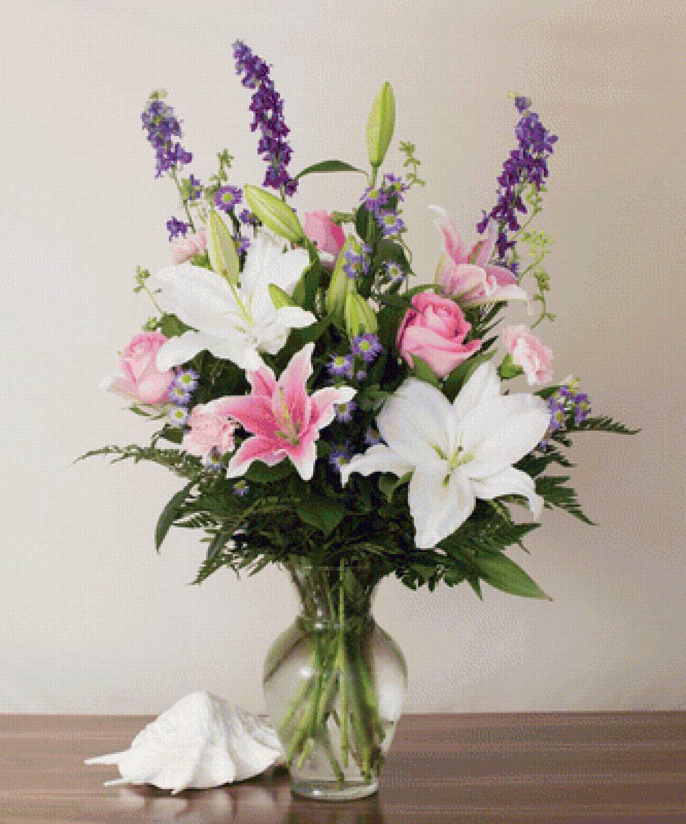 Цветы - цветы, букет, лилии, ракушка, натюрморт - предпросмотр