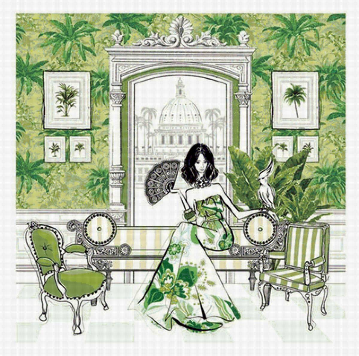 №1919685 - девушка с веером, интерьер, рисунок - предпросмотр