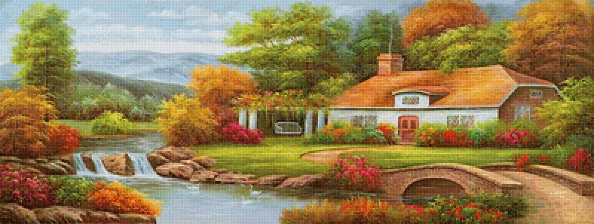 Пейзаж - горы, лес, домик, река - предпросмотр