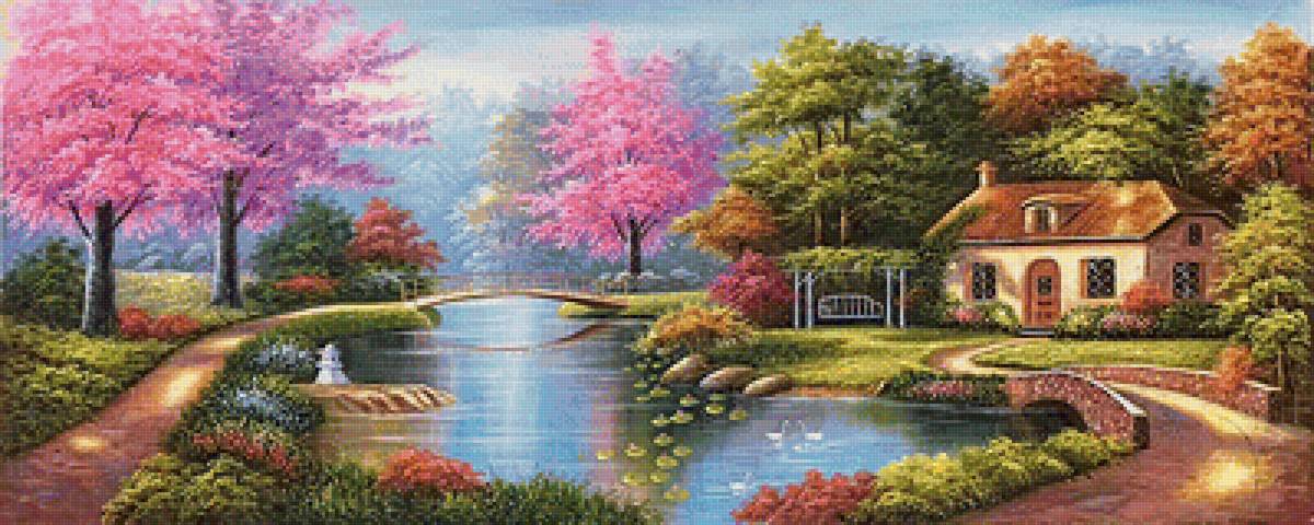 Пейзаж - осень, пруд, домик - предпросмотр