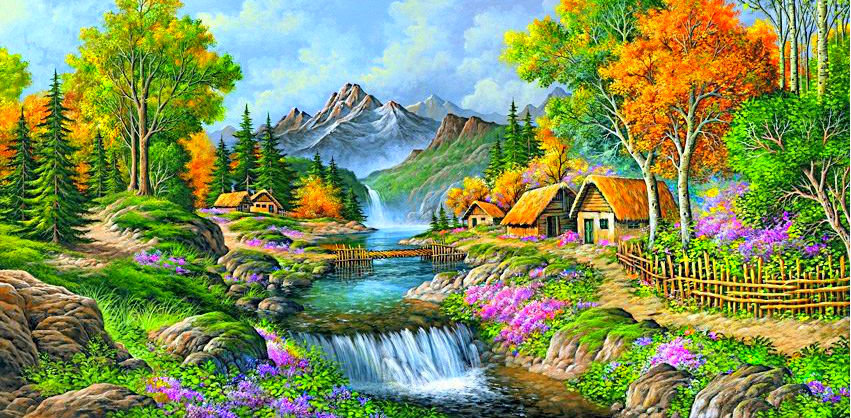 Горный пейзаж - горы, река, осень, домики - оригинал