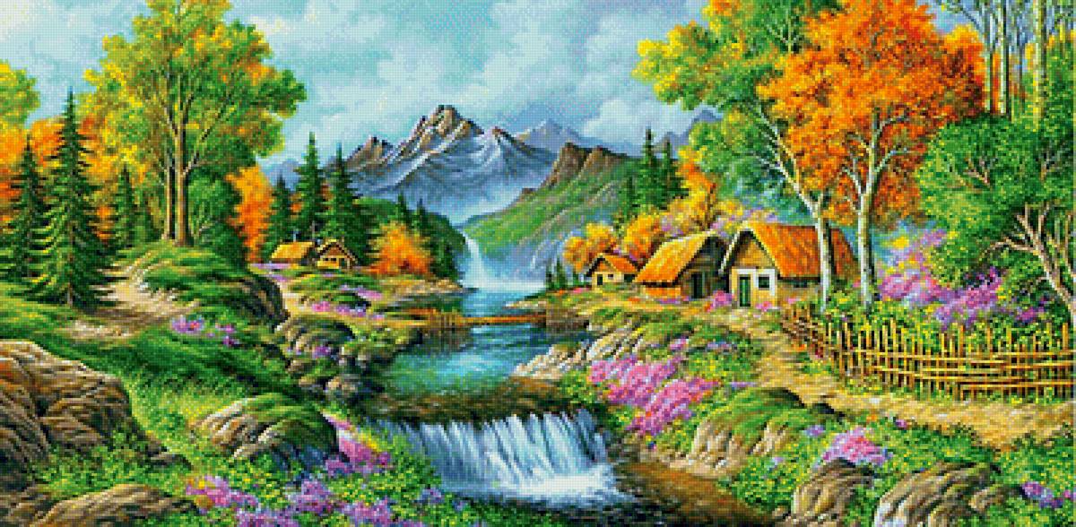 Горный пейзаж - горы, река, осень, домики - предпросмотр