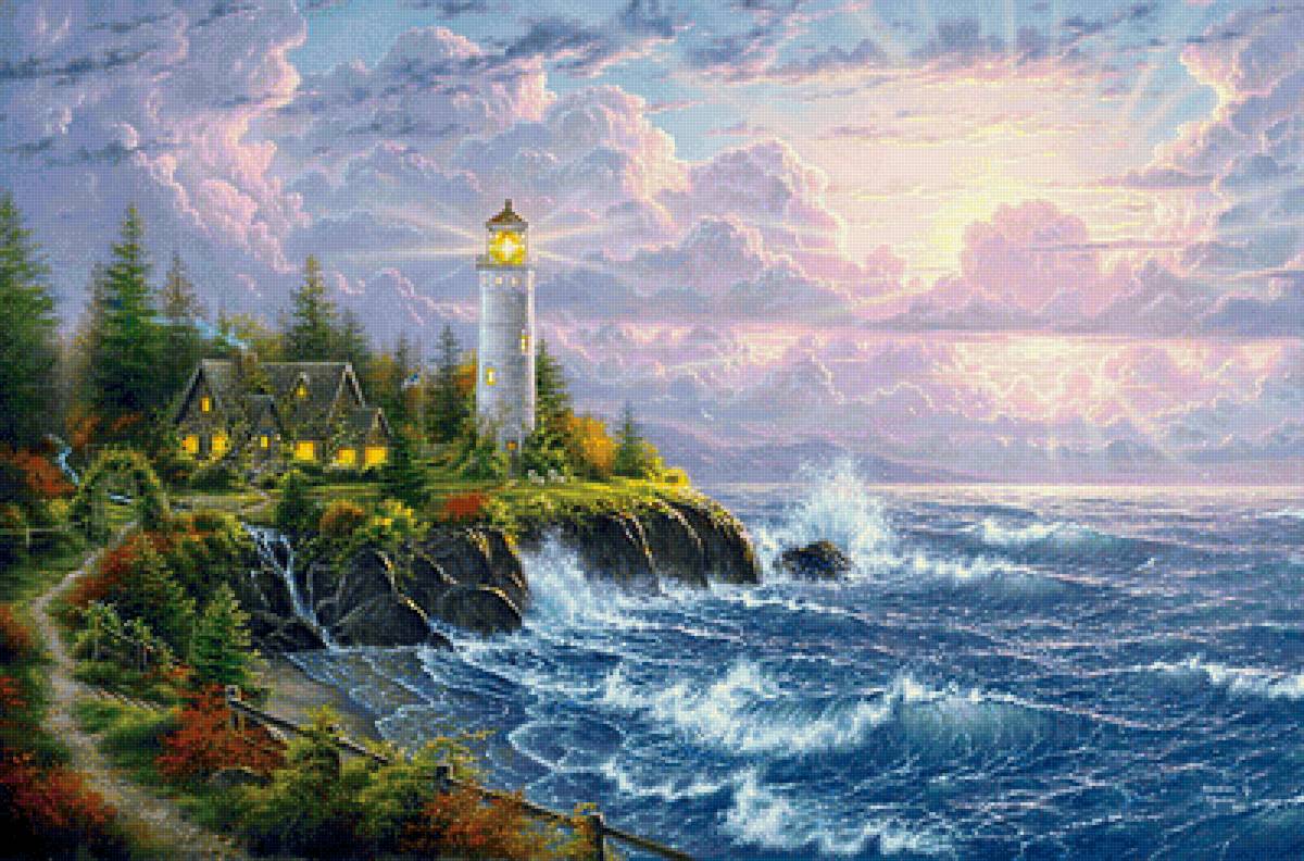 Маяк - море, шторм, закат - предпросмотр