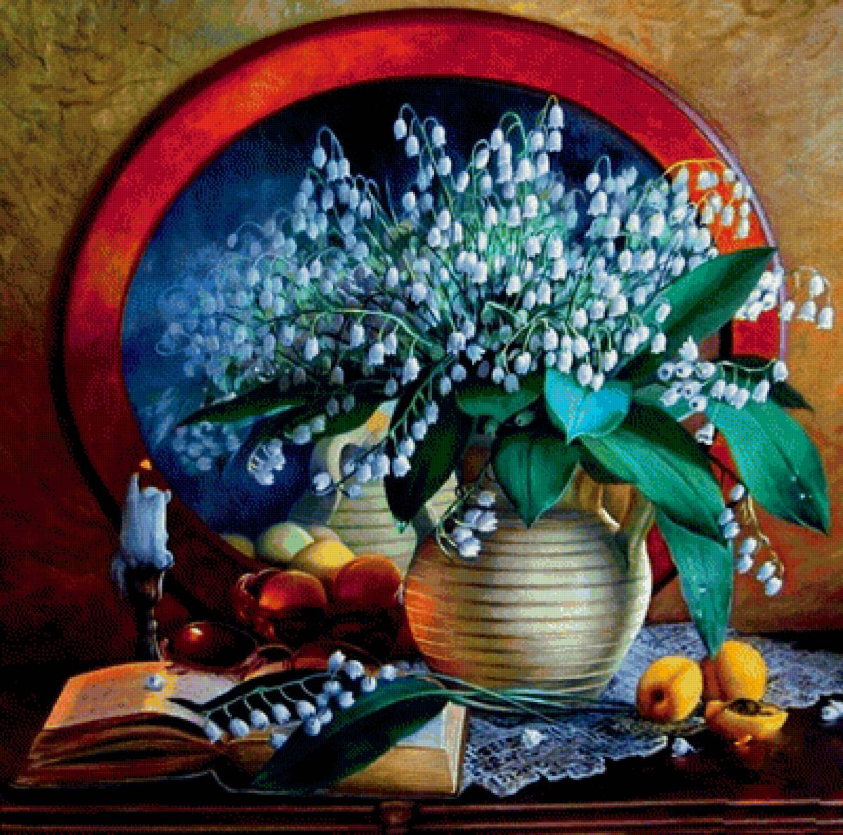 Натюрморт с ландышами - ландыши букет цветы книга свеча абрикосы вечер - предпросмотр