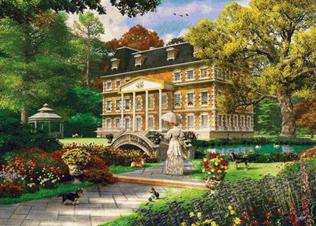 Пейзаж - лето, особняк, цветы, пруд, девушка, природа, пейзаж, беседка - предпросмотр