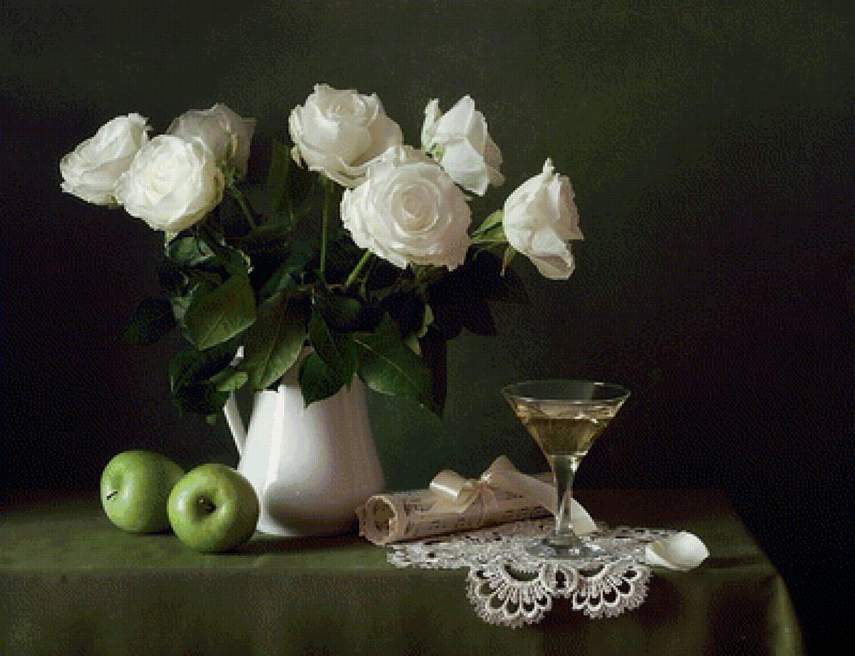 Белые розы - фрукты, розы, яблоки, цветы, натюрморт, ноты, букет - предпросмотр