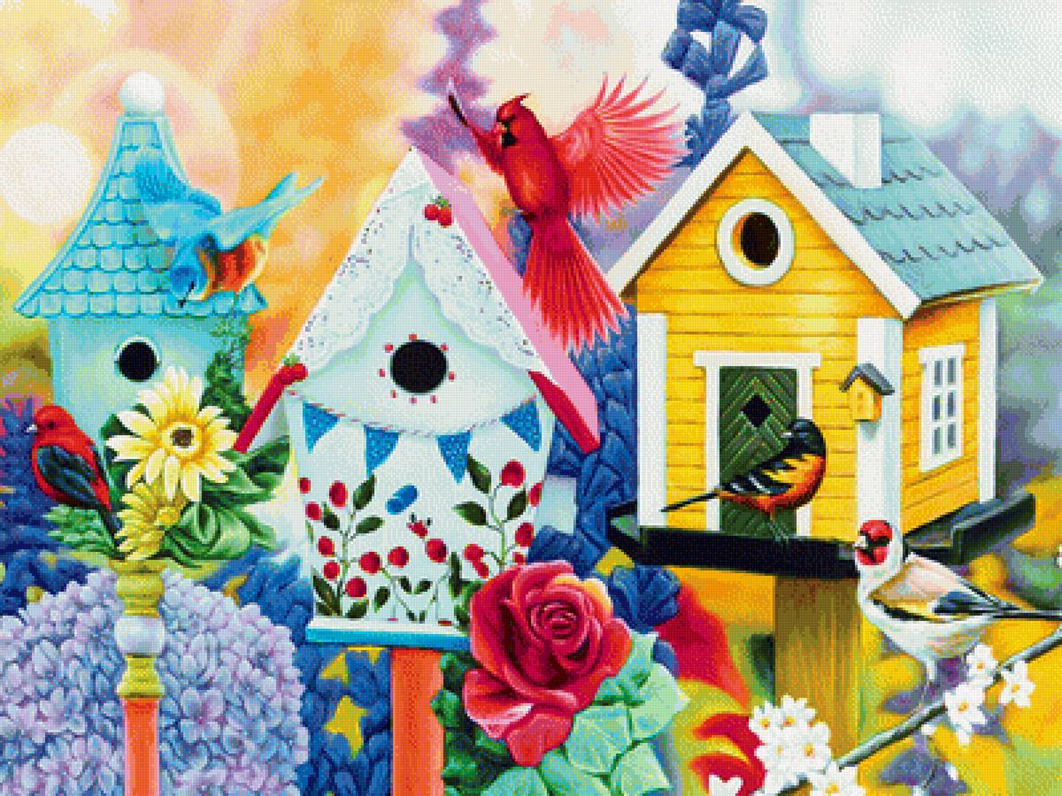 Птички - лето, природа, рисунок, птички, цветы, птицы - предпросмотр