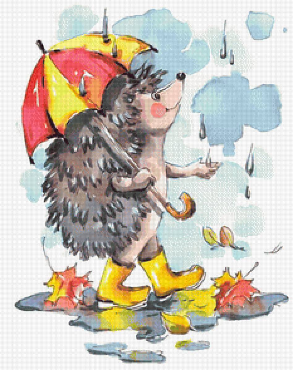 Ёж под зонтиком - ежик зонт дождь очень листопад - предпросмотр