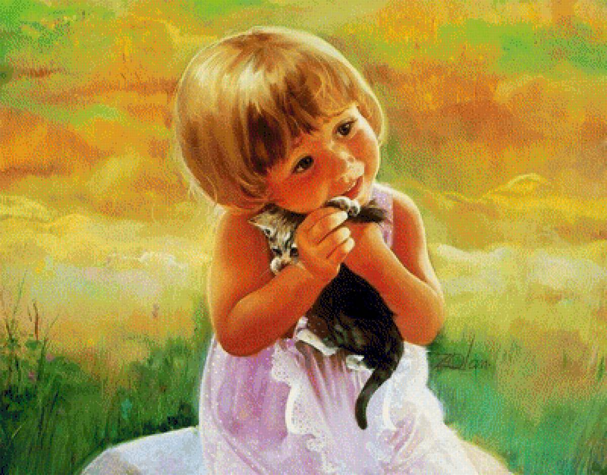 Девочка с котенком - девочка и котенок - предпросмотр