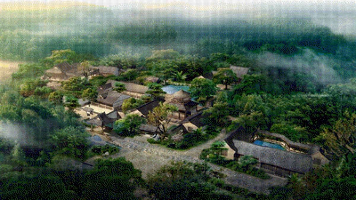 Домики - деревья, пруд, дом - предпросмотр