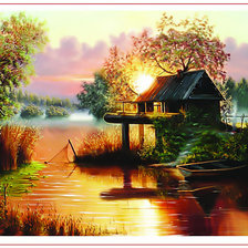 Схема вышивки «Домик у озера. Закат»