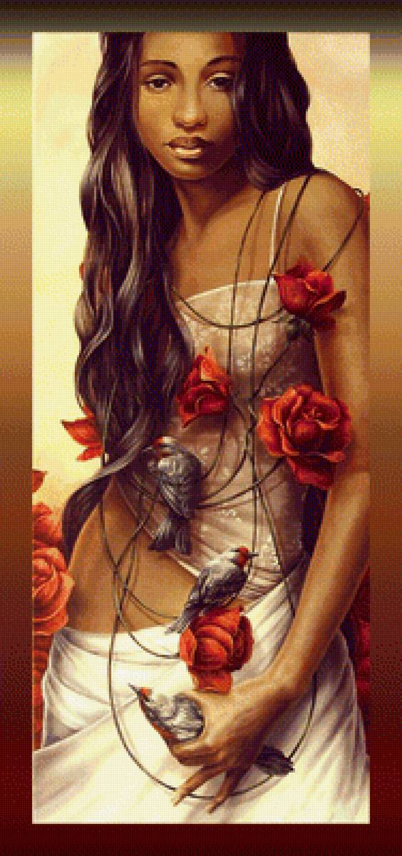 Девушка с розами и птицами - девушка птицы красные розы - предпросмотр