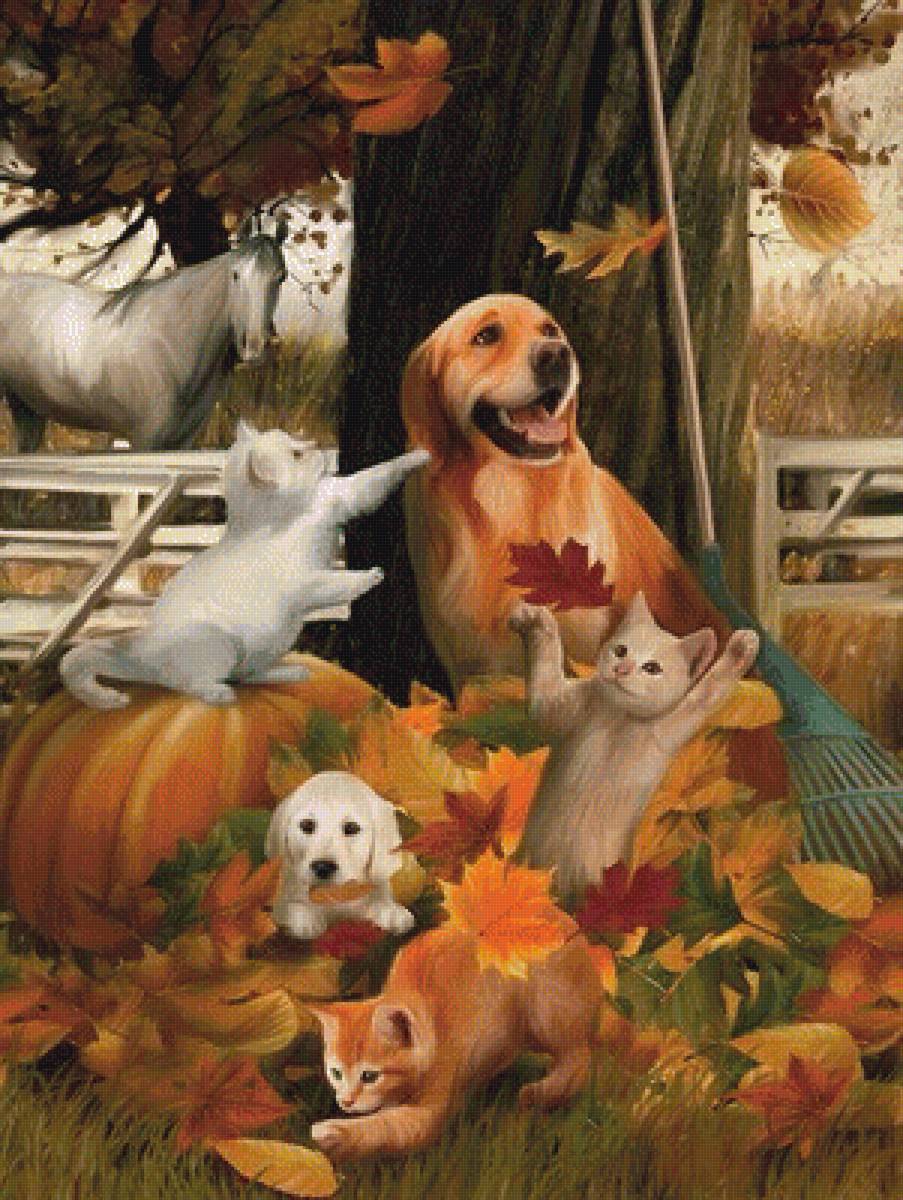 Золотая осень - собака, котята, осень, щенок - предпросмотр